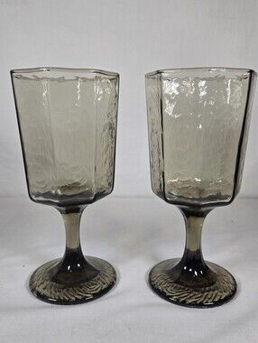 Libbey Vintage Facets Octagon Drinking Glass Goblet Smoky Brown Set Of 2 70s 80s